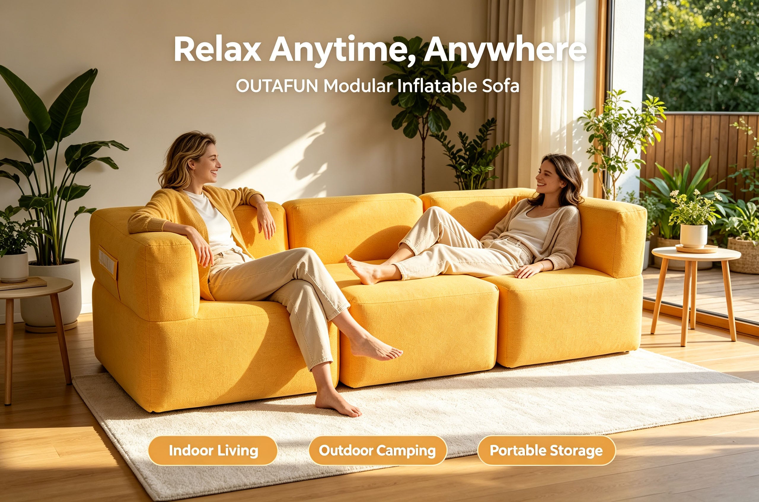 Modular Inflatable Fabric Sectional Sofa | OUTAFUN | Detachable Combination Design, Washable Linen Cover, Quick Air Valve, Indoor Living Room & Outdoor Camping Portable Inflatable Couch