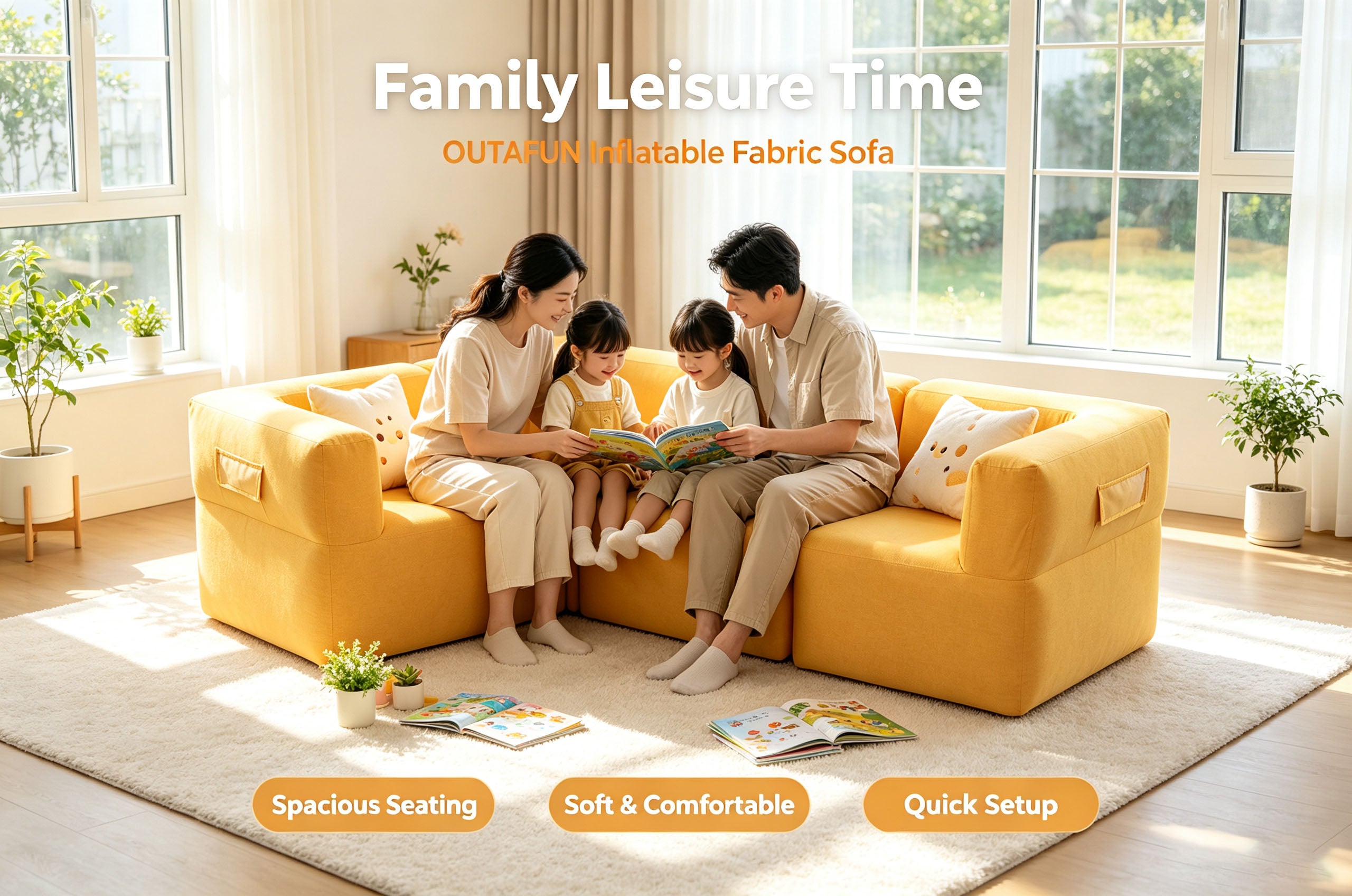 Modular Inflatable Fabric Sectional Sofa | OUTAFUN | Detachable Combination Design, Washable Linen Cover, Quick Air Valve, Indoor Living Room & Outdoor Camping Portable Inflatable Couch
