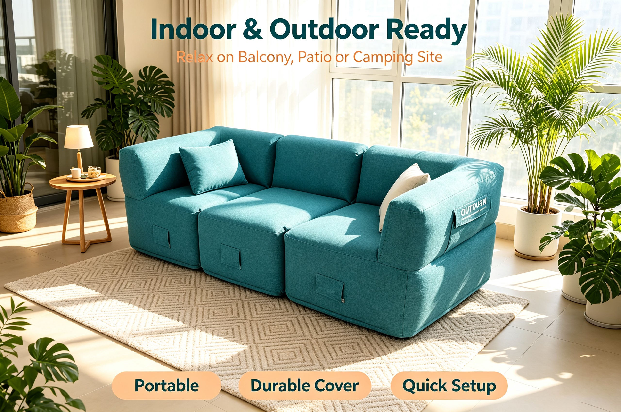 Modular Inflatable Fabric Sectional Sofa | OUTAFUN | Detachable Combination Design, Washable Linen Cover, Quick Air Valve, Indoor Living Room & Outdoor Camping Portable Inflatable Couch