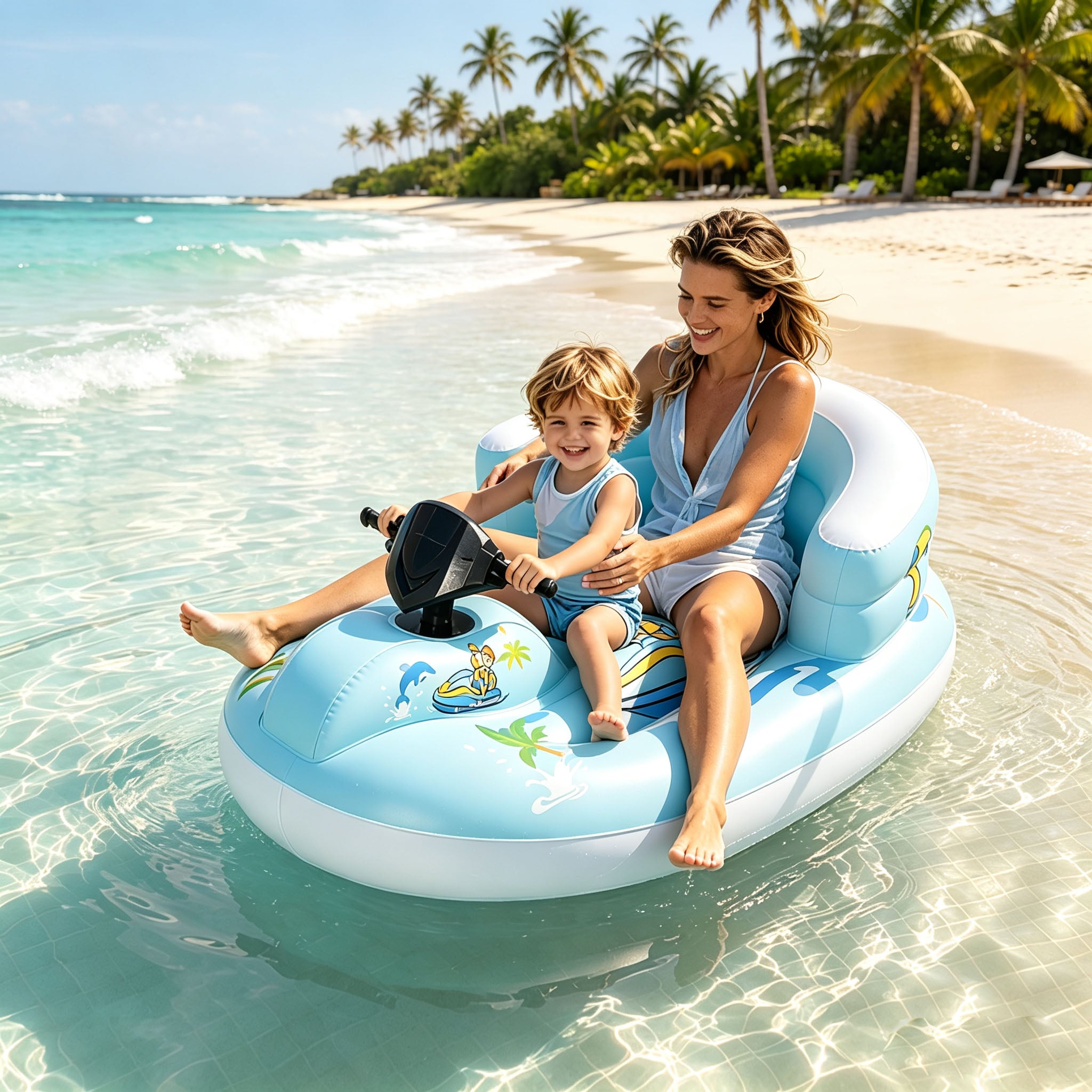 Outafun Motorized Inflatable Pool Float, 2‑Person Parent‑Child Inflatable Jet Ski Ride‑on with Steering Wheel, Backrest Water Float Toy for Swimming Pool, Beach, Lake Summer Water Fun
