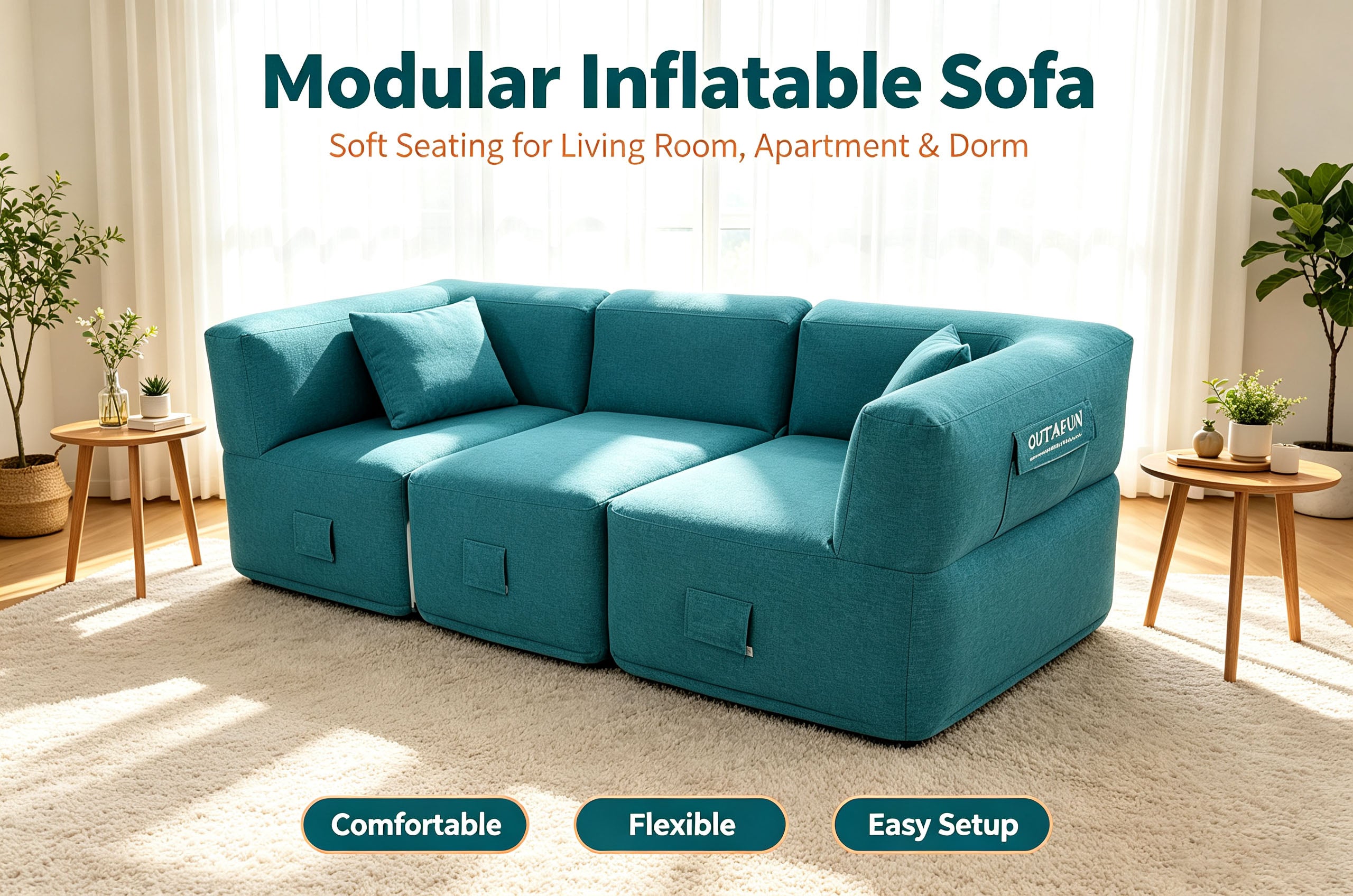 Modular Inflatable Fabric Sectional Sofa | OUTAFUN | Detachable Combination Design, Washable Linen Cover, Quick Air Valve, Indoor Living Room & Outdoor Camping Portable Inflatable Couch