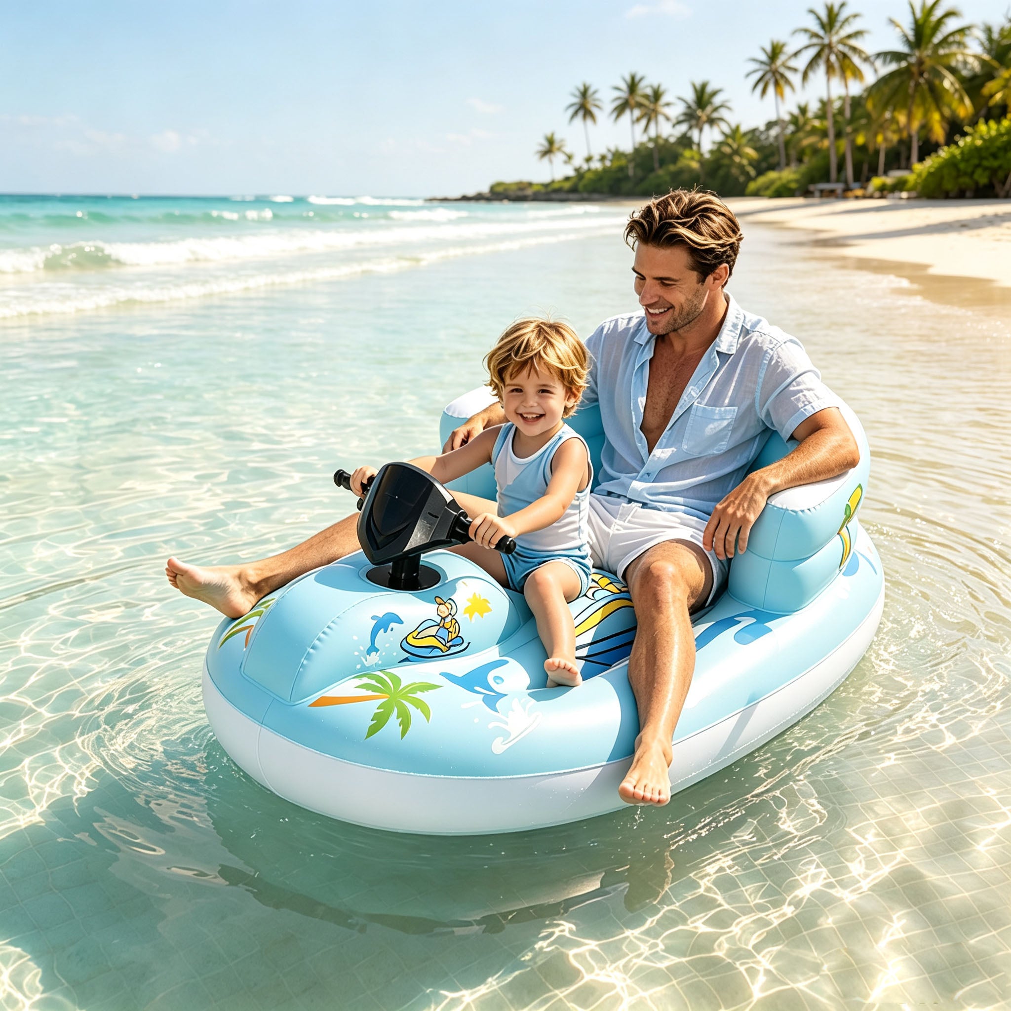 Outafun Motorized Inflatable Pool Float, 2‑Person Parent‑Child Inflatable Jet Ski Ride‑on with Steering Wheel, Backrest Water Float Toy for Swimming Pool, Beach, Lake Summer Water Fun